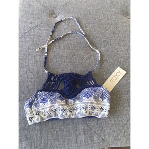 Roxy High-Neck Macrame Halter Bikini Crop Top Blue White Geometric Sz S NWT $64
